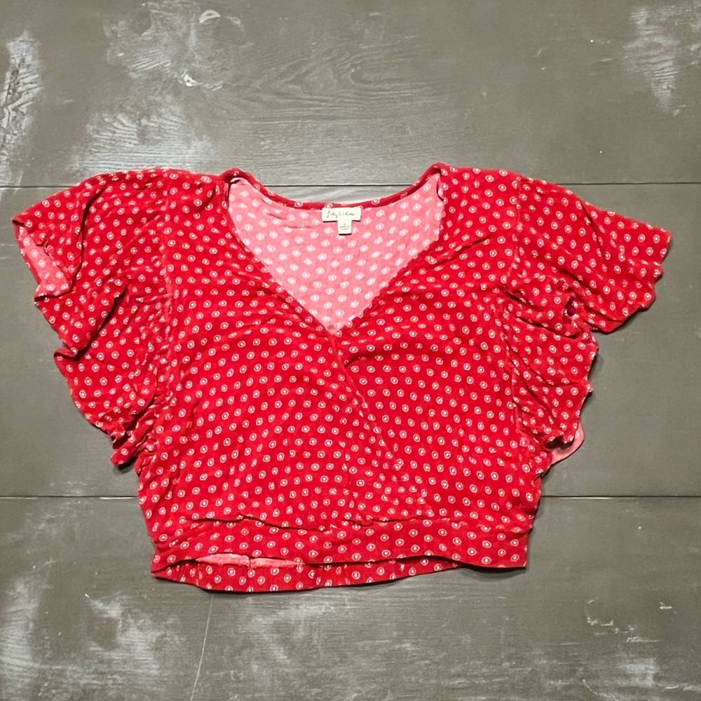Lily White Red White Short Sleeve Blouse Ruffle Sleeve V Neck Wrap Juniors Small